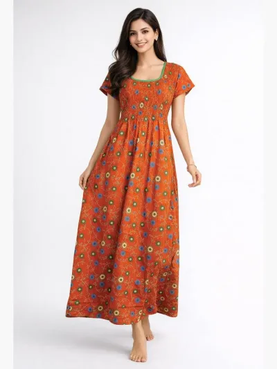 Women's Cotton Smocked Nighty – Orange